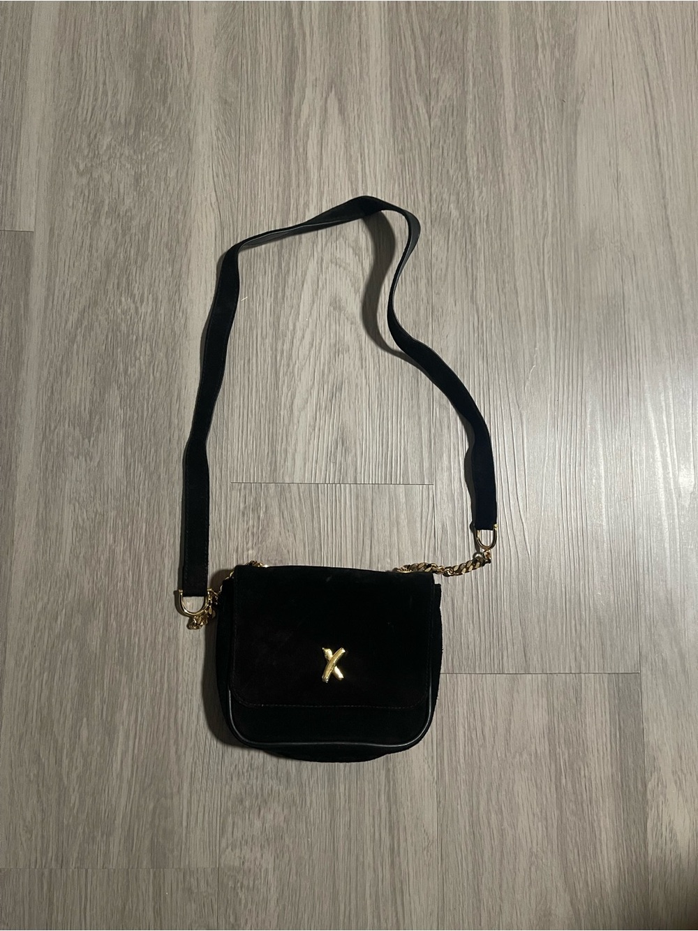 Black Velvet Paloma Picasso Crossbody Bag with Gold Accent